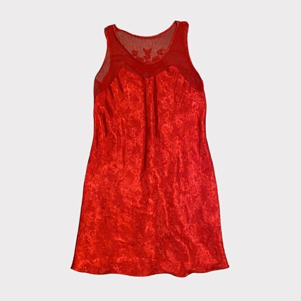 Red Elegant Floral Satin Style Mesh Heart Neckline Sleeveless Midi Slip Dress